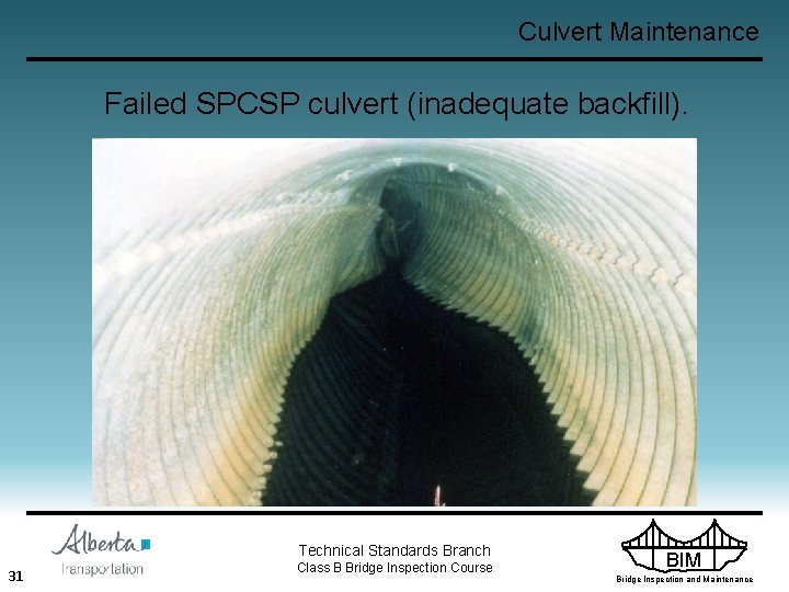 Culvert Maintenance Failed SPCSP culvert (inadequate backfill). Technical Standards Branch 31 Class B Bridge