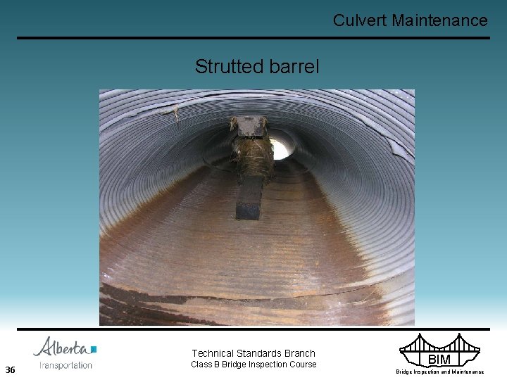 Culvert Maintenance Strutted barrel Technical Standards Branch 36 Class B Bridge Inspection Course BIM