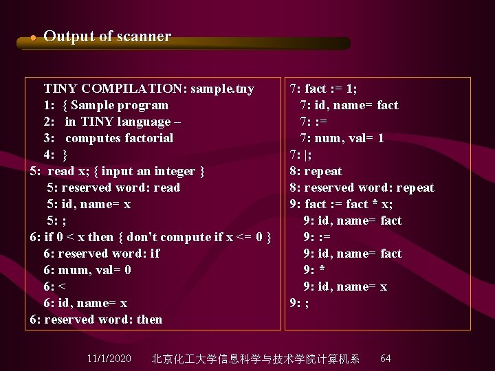 ● Output of scanner TINY COMPILATION: sample. tny 1: { Sample program 2: in