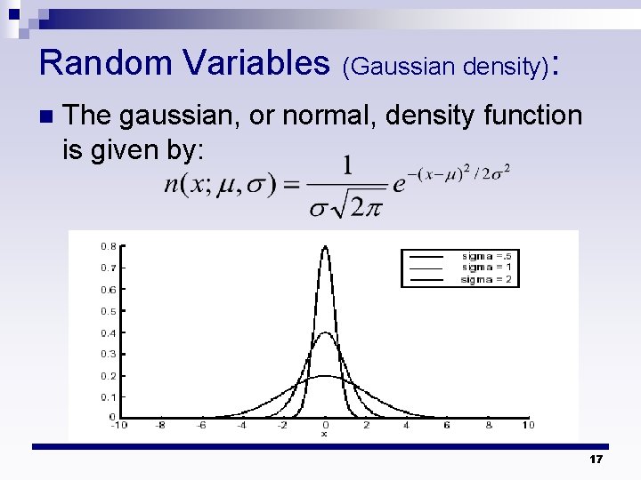 Random Variables n (Gaussian density): The gaussian, or normal, density function is given by: Random Variables n (Gaussian density): The gaussian, or normal, density function is given by: