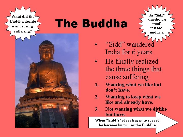 What did the Buddha decide was causing suffering? The Buddha • • 1. 2.