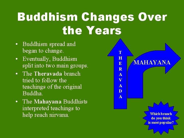 Buddhism Changes Over the Years • Buddhism spread and began to change. • Eventually,