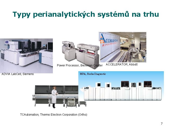 Typy perianalytických systémů na trhu ADVIA Lab. Cell, Siemens Power Processor, Beckman Coulter ACCELERATOR,