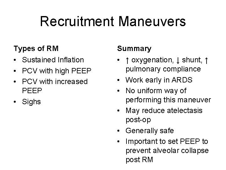 Recruitment Maneuvers Types of RM Summary • Sustained Inflation • PCV with high PEEP