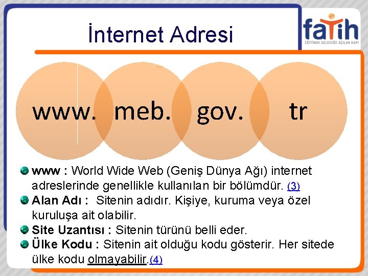 İnternet Adresi www. meb. gov. tr www : World Wide Web (Geniş Dünya Ağı)