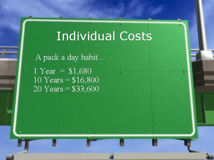 Individual Costs A pack a day habit… 1 Year = $1, 680 10 Years