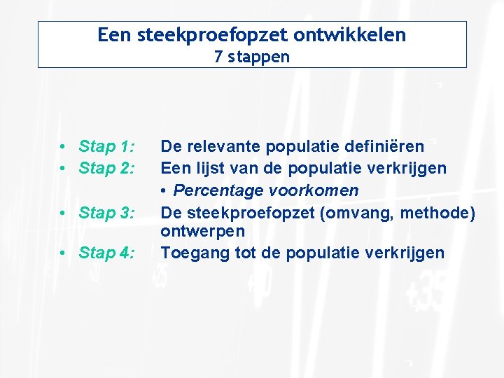 Een steekproefopzet ontwikkelen 7 stappen • Stap 1: • Stap 2: • Stap 3: