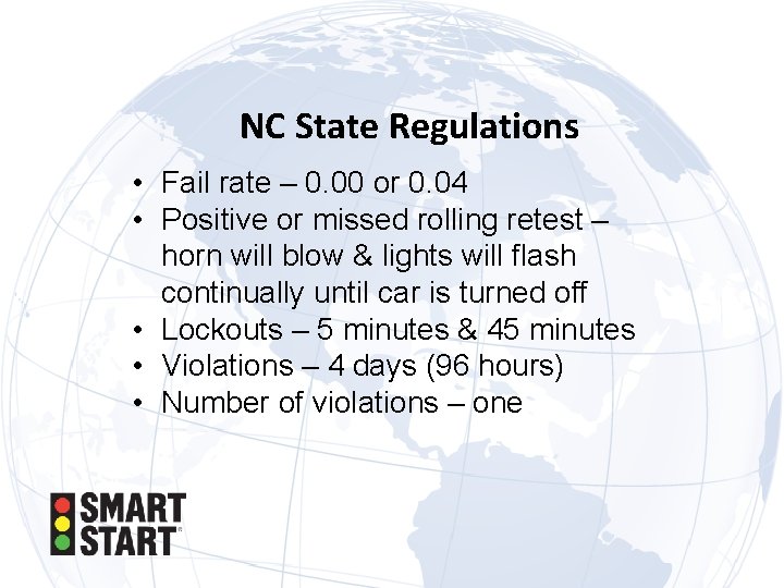 NC State Regulations • Fail rate – 0. 00 or 0. 04 • Positive