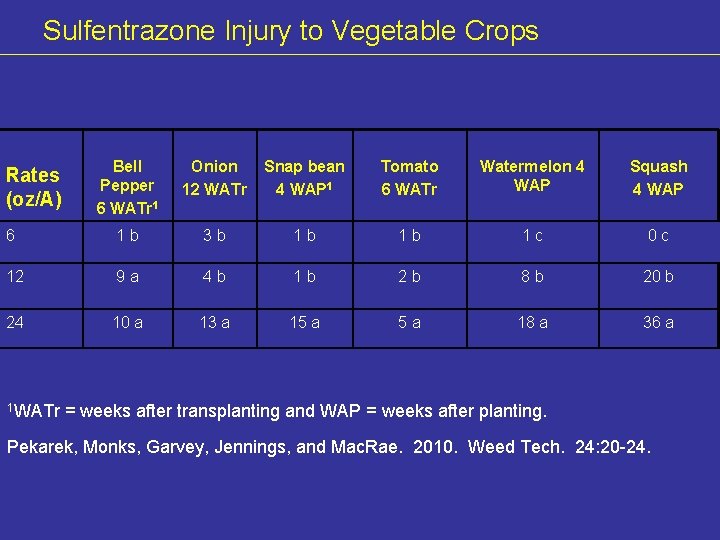 Sulfentrazone Injury to Vegetable Crops Bell Pepper 6 WATr 1 Onion 12 WATr Snap
