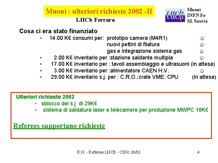 Muoni : ulteriori richieste 2002 -II LHCb Ferrara Muoni INFN Fe M. Savriè Cosa