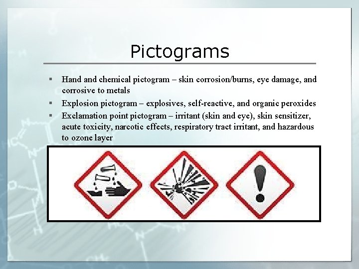 Pictograms § § § Hand chemical pictogram – skin corrosion/burns, eye damage, and corrosive