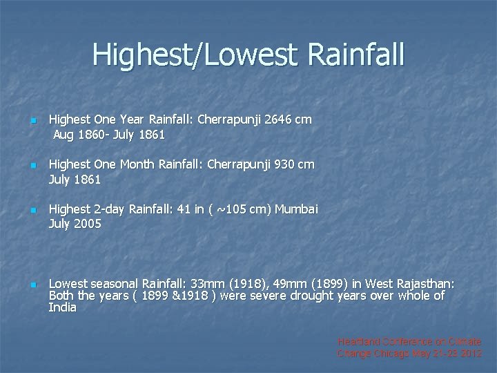 Highest/Lowest Rainfall n n Highest One Year Rainfall: Cherrapunji 2646 cm Aug 1860 -