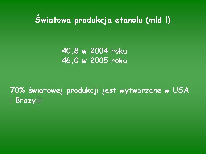 Światowa produkcja etanolu (mld l) 40, 8 w 2004 roku 46, 0 w 2005