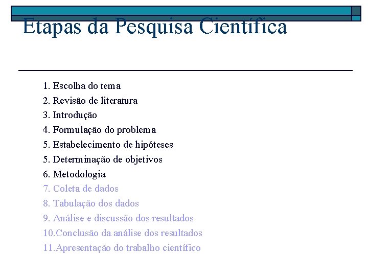 Etapas da Pesquisa Científica 1. Escolha do tema 2. Revisão de literatura 3. Introdução