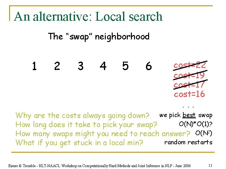 An alternative: Local search The “swap” neighborhood 1 2 3 4 5 6 cost=22