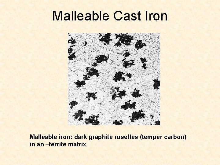 Malleable Cast Iron Malleable iron: dark graphite rosettes (temper carbon) in an –ferrite matrix