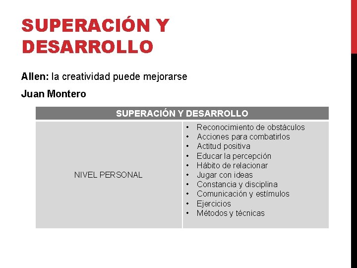 SUPERACIÓN Y DESARROLLO Allen: la creatividad puede mejorarse Juan Montero SUPERACIÓN Y DESARROLLO NIVEL