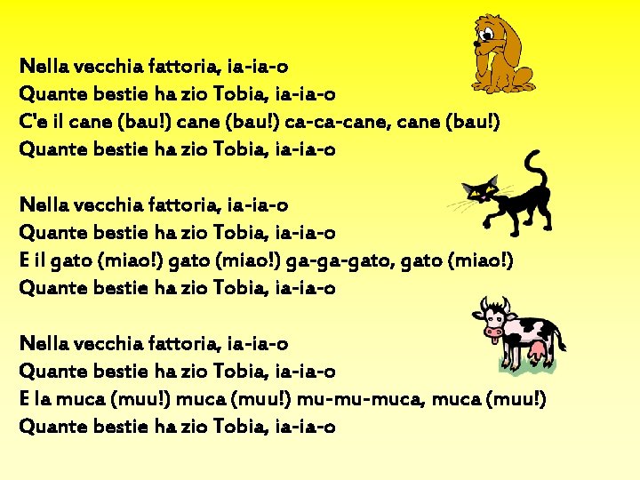 Nella vecchia fattoria, ia-ia-o Quante bestie ha zio Tobia, ia-ia-o C'e il cane (bau!)