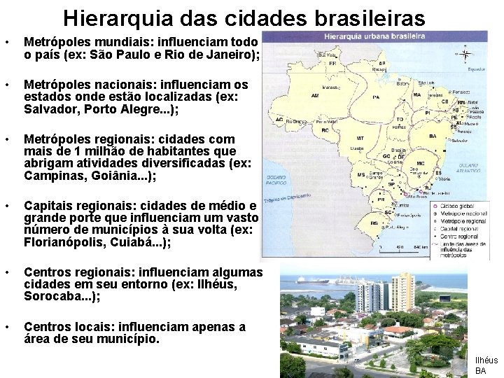 Hierarquia das cidades brasileiras • Metrópoles mundiais: influenciam todo o país (ex: São Paulo