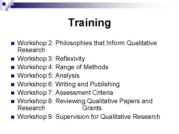 Training n n n n Workshop 2: Philosophies that Inform Qualitative Research Workshop 3: