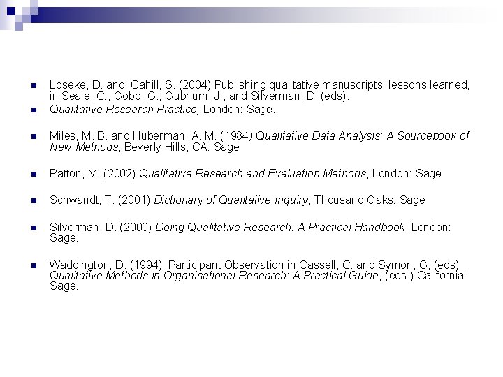 n n Loseke, D. and Cahill, S. (2004) Publishing qualitative manuscripts: lessons learned, in