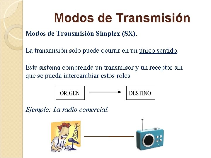 Modos de Transmisión Simplex (SX). La transmisión solo puede ocurrir en un único sentido.