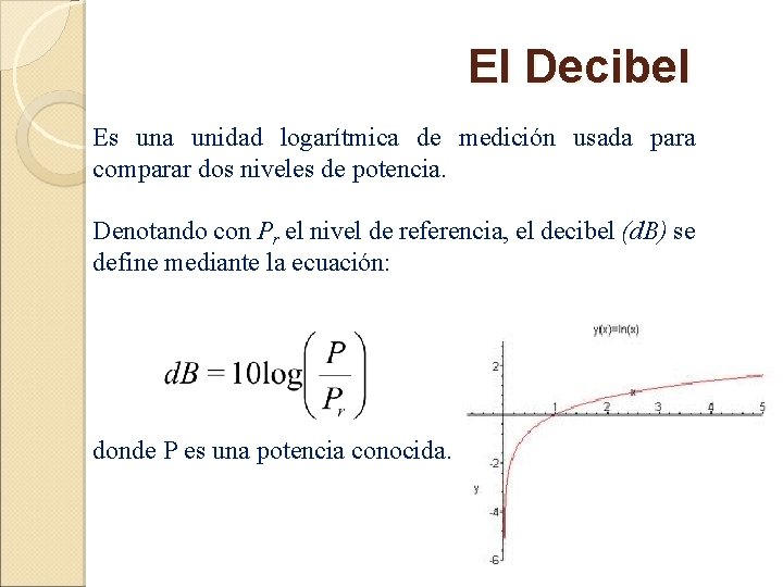 El Decibel Es una unidad logarítmica de medición usada para comparar dos niveles de