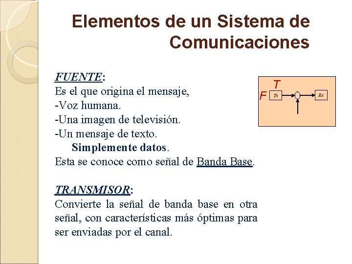 Elementos de un Sistema de Comunicaciones FUENTE: T Es el que origina el mensaje,