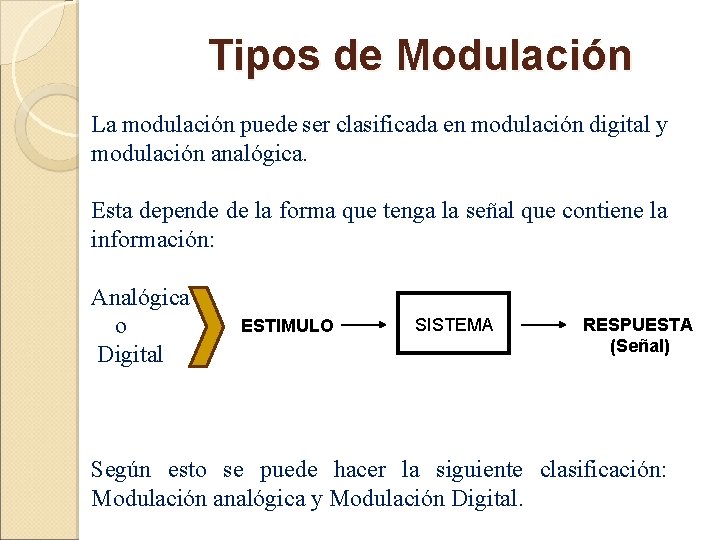 Tipos de Modulación La modulación puede ser clasificada en modulación digital y modulación analógica.