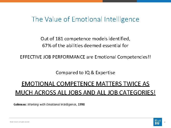 The Value of Emotional Intelligence Out of 181 competence models identified, 67% of the