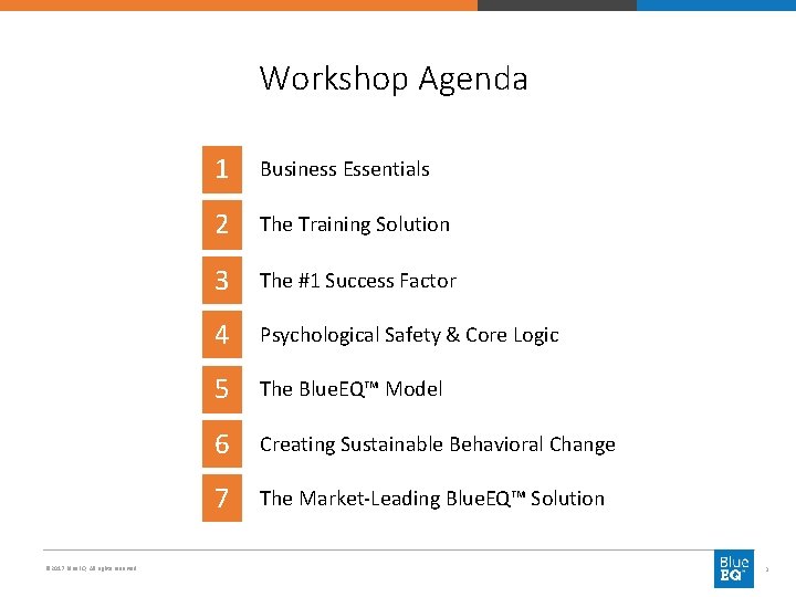 Workshop Agenda © 2017 Blue. EQ. All rights reserved. 1 Business Essentials 2 The
