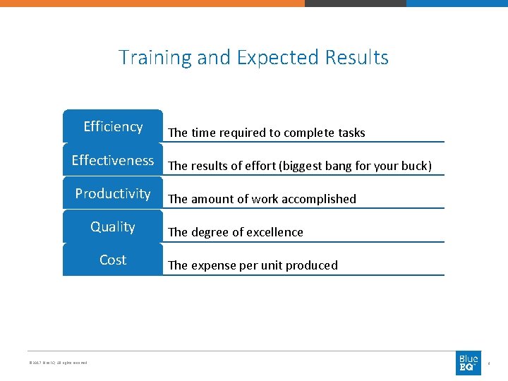 Training and Expected Results Efficiency The time required to complete tasks Effectiveness The results