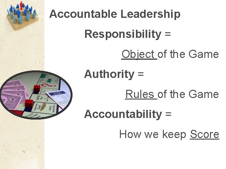 Accountable Leadership Responsibility = Object of the Game Authority = Rules of the Game