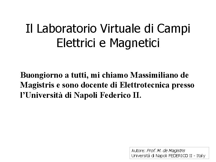 Il Laboratorio Virtuale di Campi Elettrici e Magnetici Buongiorno a tutti, mi chiamo Massimiliano