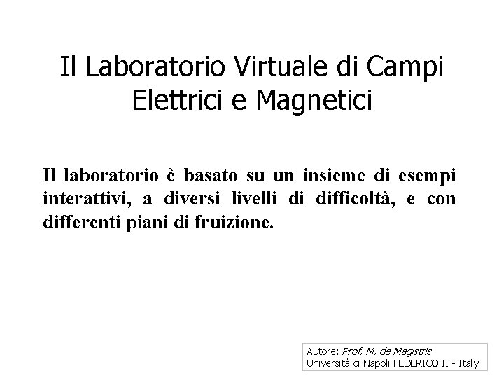 Il Laboratorio Virtuale di Campi Elettrici e Magnetici Il laboratorio è basato su un