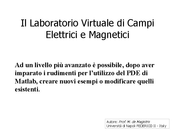 Il Laboratorio Virtuale di Campi Elettrici e Magnetici Ad un livello più avanzato è