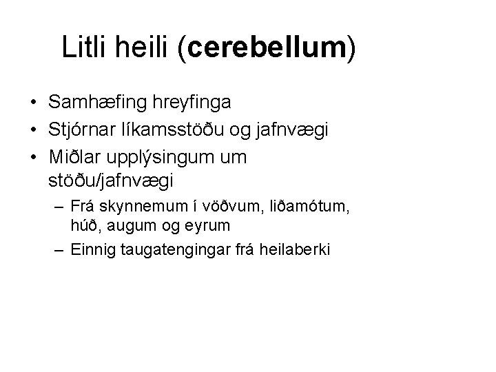 Litli heili (cerebellum) • Samhæfing hreyfinga • Stjórnar líkamsstöðu og jafnvægi • Miðlar upplýsingum