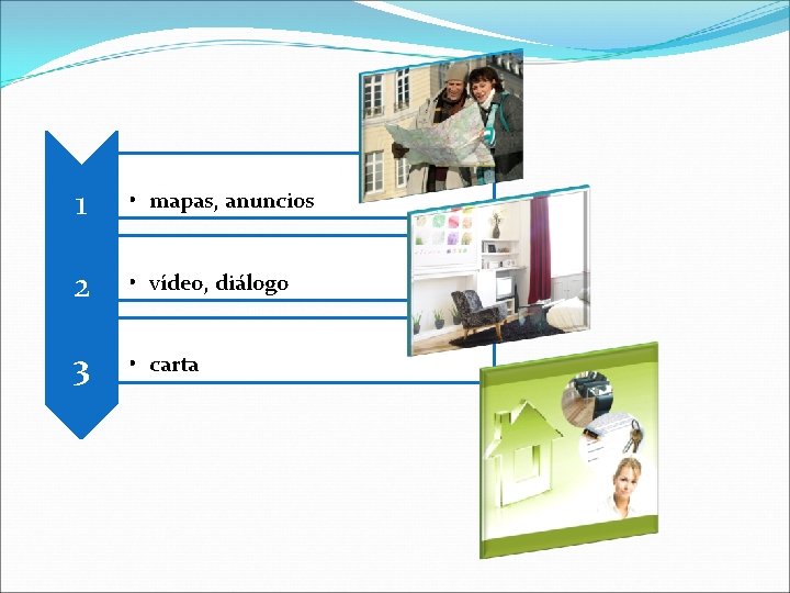 1 • mapas, anuncios 2 • vídeo, diálogo 3 • carta 