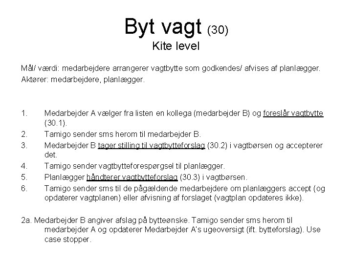 Byt vagt (30) Kite level Mål/ værdi: medarbejdere arrangerer vagtbytte som godkendes/ afvises af