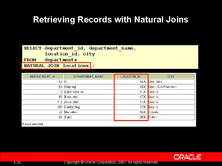 Retrieving Records with Natural Joins SELECT department_id, department_name, location_id, city FROM departments NATURAL JOIN
