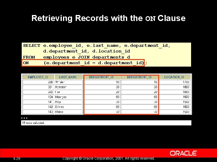 Retrieving Records with the ON Clause SELECT e. employee_id, e. last_name, e. department_id, d.