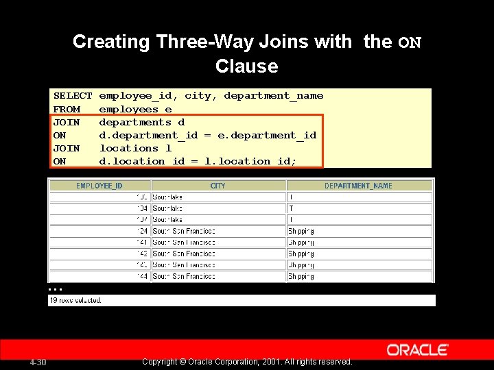 Creating Three-Way Joins with the ON Clause SELECT FROM JOIN ON employee_id, city, department_name