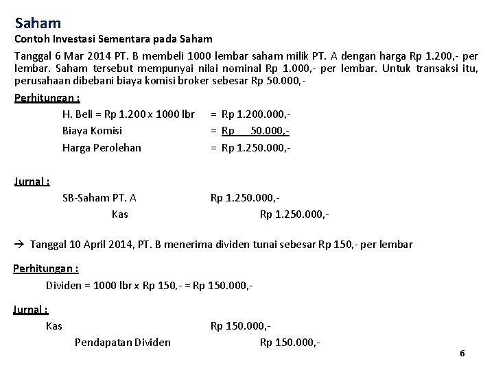 Saham Contoh Investasi Sementara pada Saham Tanggal 6 Mar 2014 PT. B membeli 1000