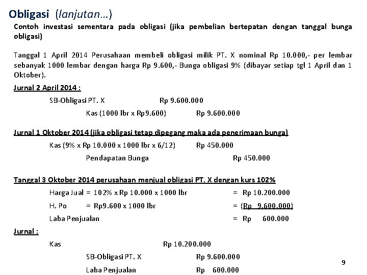 Obligasi (lanjutan…) Contoh investasi sementara pada obligasi (jika pembelian bertepatan dengan tanggal bunga obligasi)