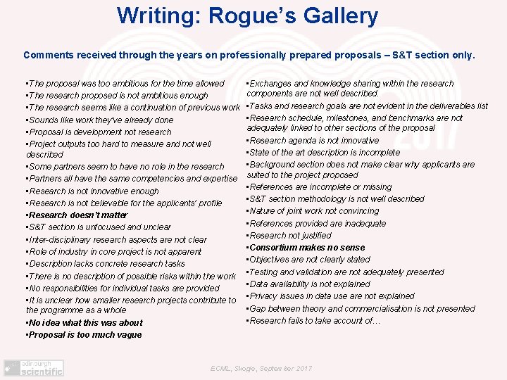 Writing: Rogue’s Gallery Comments received through the years on professionally prepared proposals – S&T