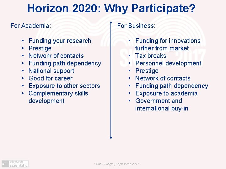 Horizon 2020: Why Participate? For Academia: • • For Business: Funding your research Prestige