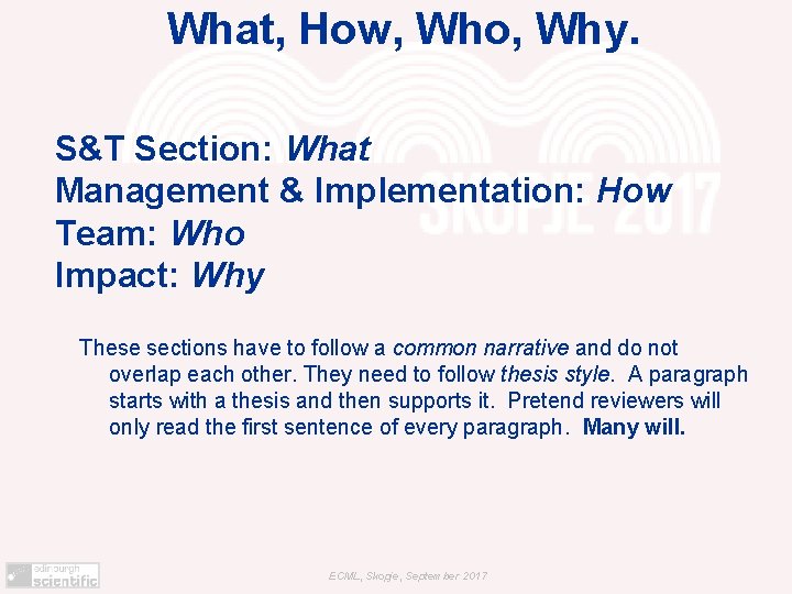 What, How, Who, Why. S&T Section: What Management & Implementation: How Team: Who Impact: