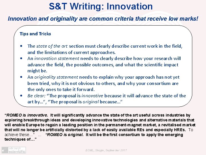 S&T Writing: Innovation and originality are common criteria that receive low marks! Tips and