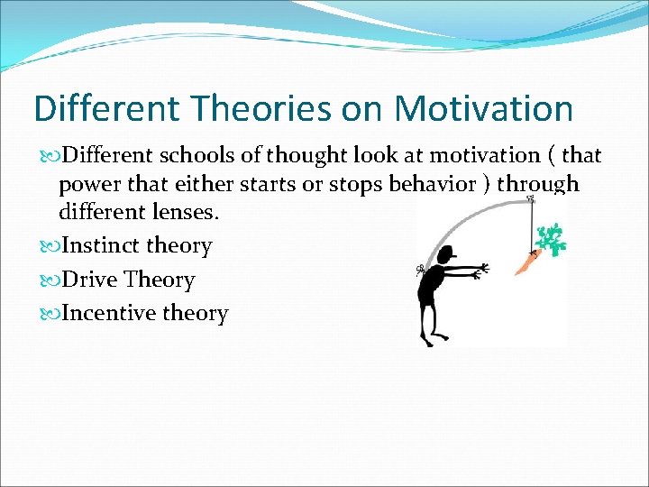 Different Theories on Motivation Different schools of thought look at motivation ( that power