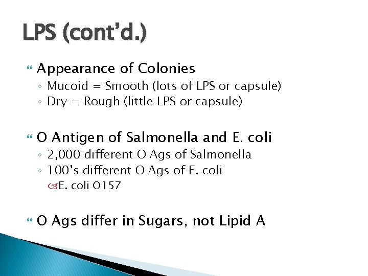 LPS (cont’d. ) Appearance of Colonies ◦ Mucoid = Smooth (lots of LPS or